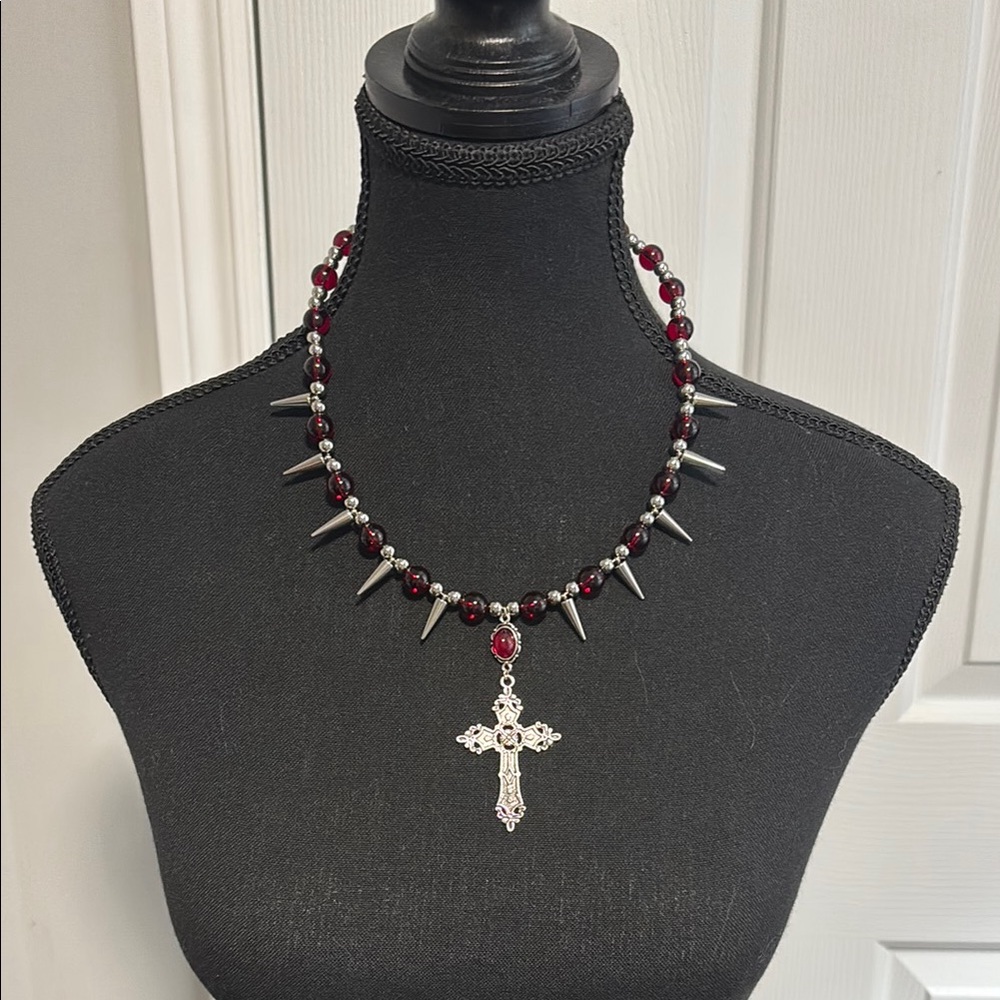 Elegant Silver and Red Cross Necklace